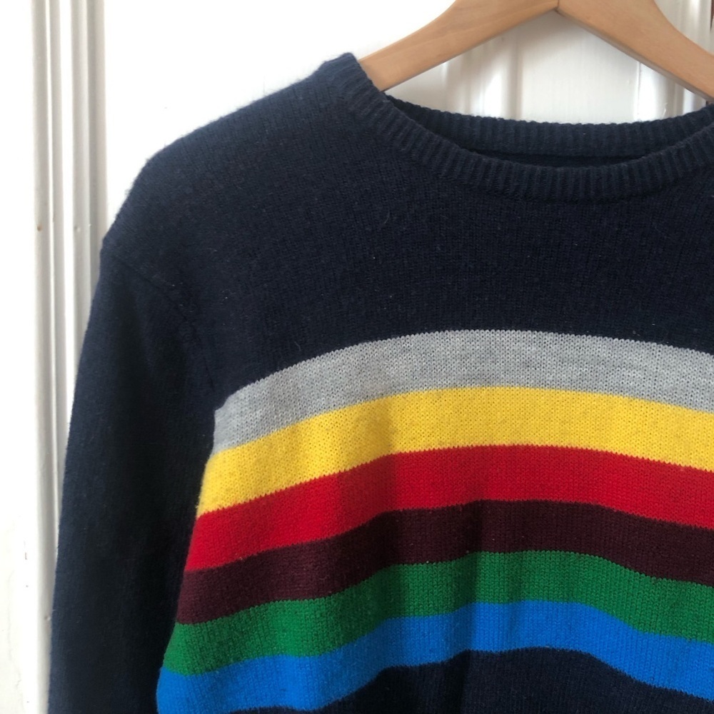 Men's Multicolor 80s Inspired Striped Wool Blend Crewneck Sweater Small - Picture 2 of 7